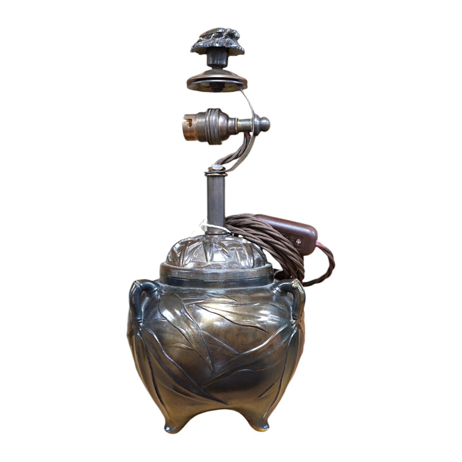 A Japanese bronze table lamp with white with green edge shade, wired, overall 33cm high, Condition - minor scuffing to the lacquer finish, in good condition, not tested